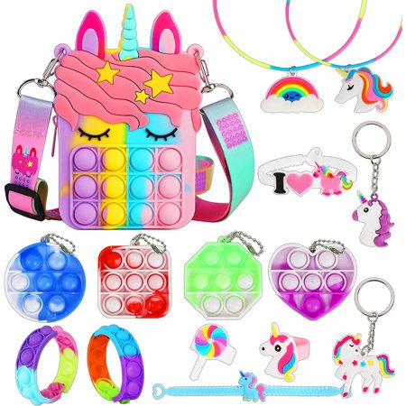 Fidget Purse  Pop Fidget Push It Bubble Popper Unicorn Bag with Bulk Fidget Bracelets Key Chain Stress Relief Toys for Girls Ages 3-12 Gift Easter Bas