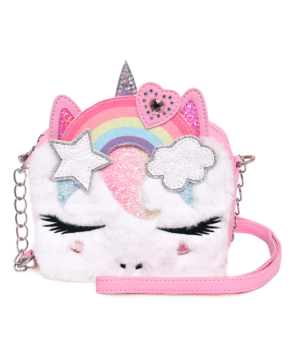 OMG Accessories Girl's Gwen Faux Fur Rainbow Crown Crossbody Bag - Bubble Gum