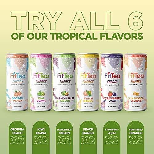 Fit Tea Healthy Energy Drink Variety Pack 12 Fl Oz - Sparkling Refresher (12 Pack) Natural Energy Drinks Sugar Free - Flavors Include Peach Mango X2, thumbnail