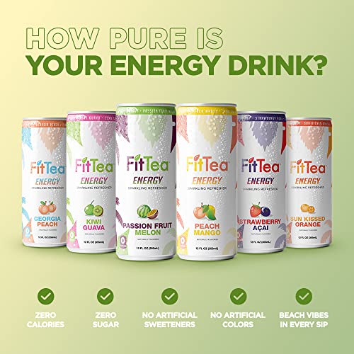 Fit Tea Healthy Energy Drink Variety Pack 12 Fl Oz - Sparkling Refresher (12 Pack) Natural Energy Drinks Sugar Free - Flavors Include Peach Mango X2, thumbnail