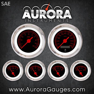 Aurora Instruments 3070 Competition Black SAE 6-Gauge Set (Red Text, Red Vintage Needles, Chrome Trim Rings, Style Kit DIY Install) thumbnail