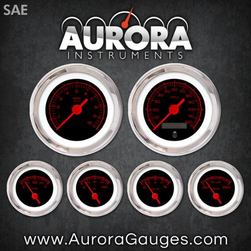 Aurora Instruments 3070 Competition Black SAE 6-Gauge Set (Red Text, Red Vintage Needles, Chrome Trim Rings, Style Kit DIY Install) thumbnail