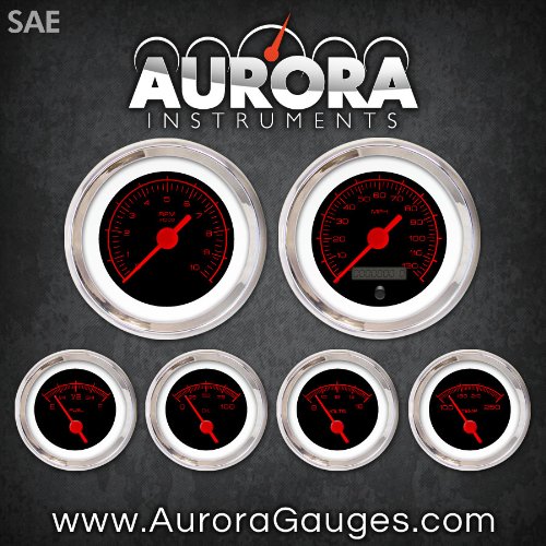 Aurora Instruments 3070 Competition Black SAE 6-Gauge Set (Red Text, Red Vintage Needles, Chrome Trim Rings, Style Kit DIY Install) thumbnail