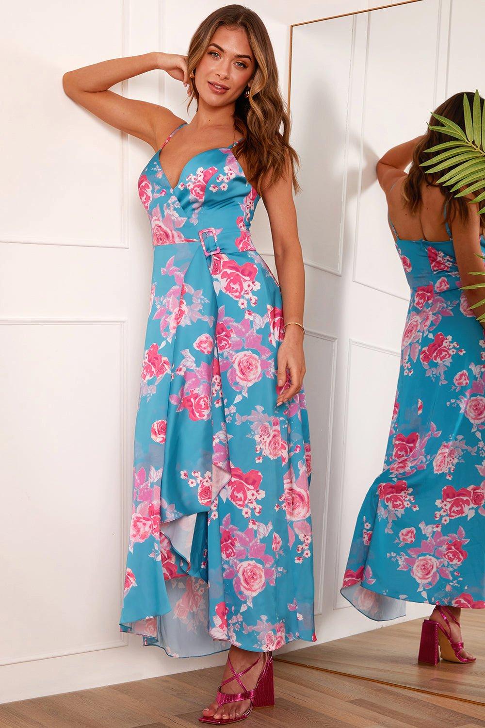 Chi Chi Cami Floral Print Wrap MIDI Dress in Blue, Size 16