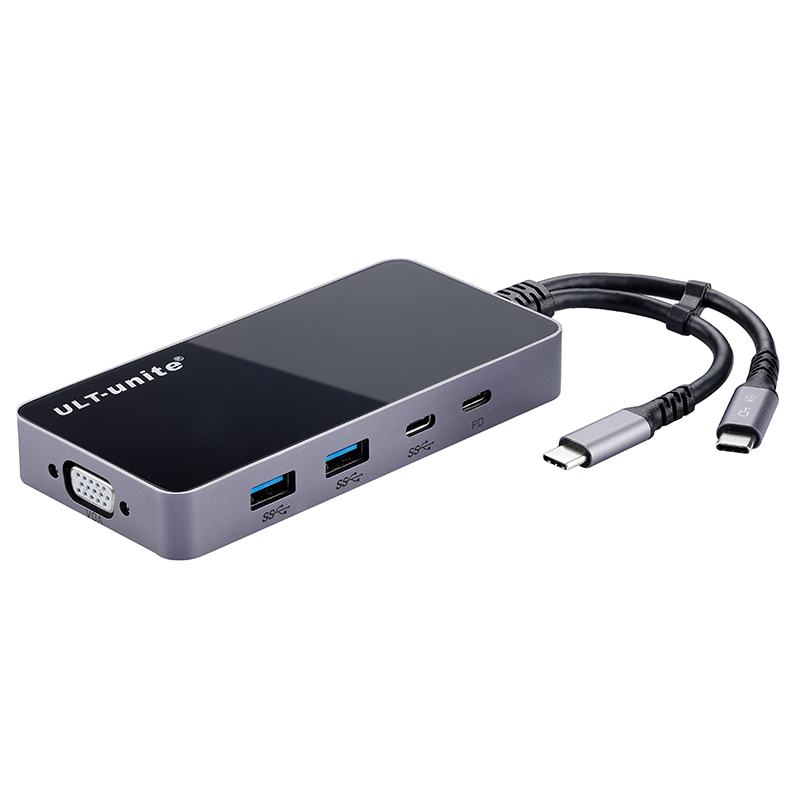ULT-UNITE 4081-0303GR 9-in-1 Type-C Hub Adapter Portable Docking Station Dual USB-C to HD 8K+HD 4K+RJ45+3.5+VGA+Type-C+2 USB3.0 Converter Support PD/T
