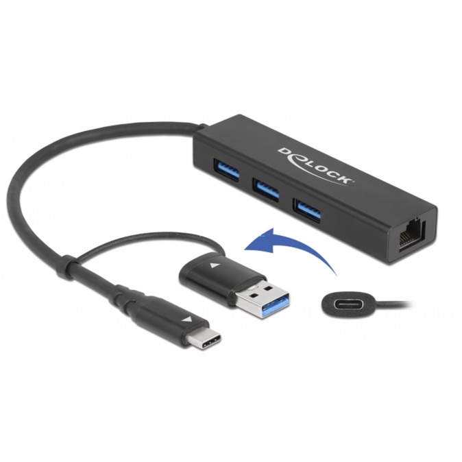 DeLOCK 3 Port USB 3.2 Gen 1 Hub + Gigabit LAN with USB Type-C or USB T