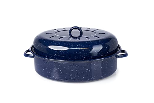 IMUSA USA 18 Traditional Vintage Style Blue Speckled Enamel on Steel Covered Oval Roaster