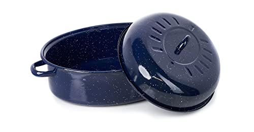 IMUSA USA 18 Traditional Vintage Style Blue Speckled Enamel on Steel Covered Oval Roaster