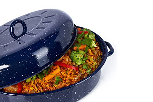 IMUSA USA 18 Traditional Vintage Style Blue Speckled Enamel on Steel Covered Oval Roaster