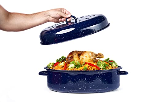 IMUSA USA 18 Traditional Vintage Style Blue Speckled Enamel on Steel Covered Oval Roaster