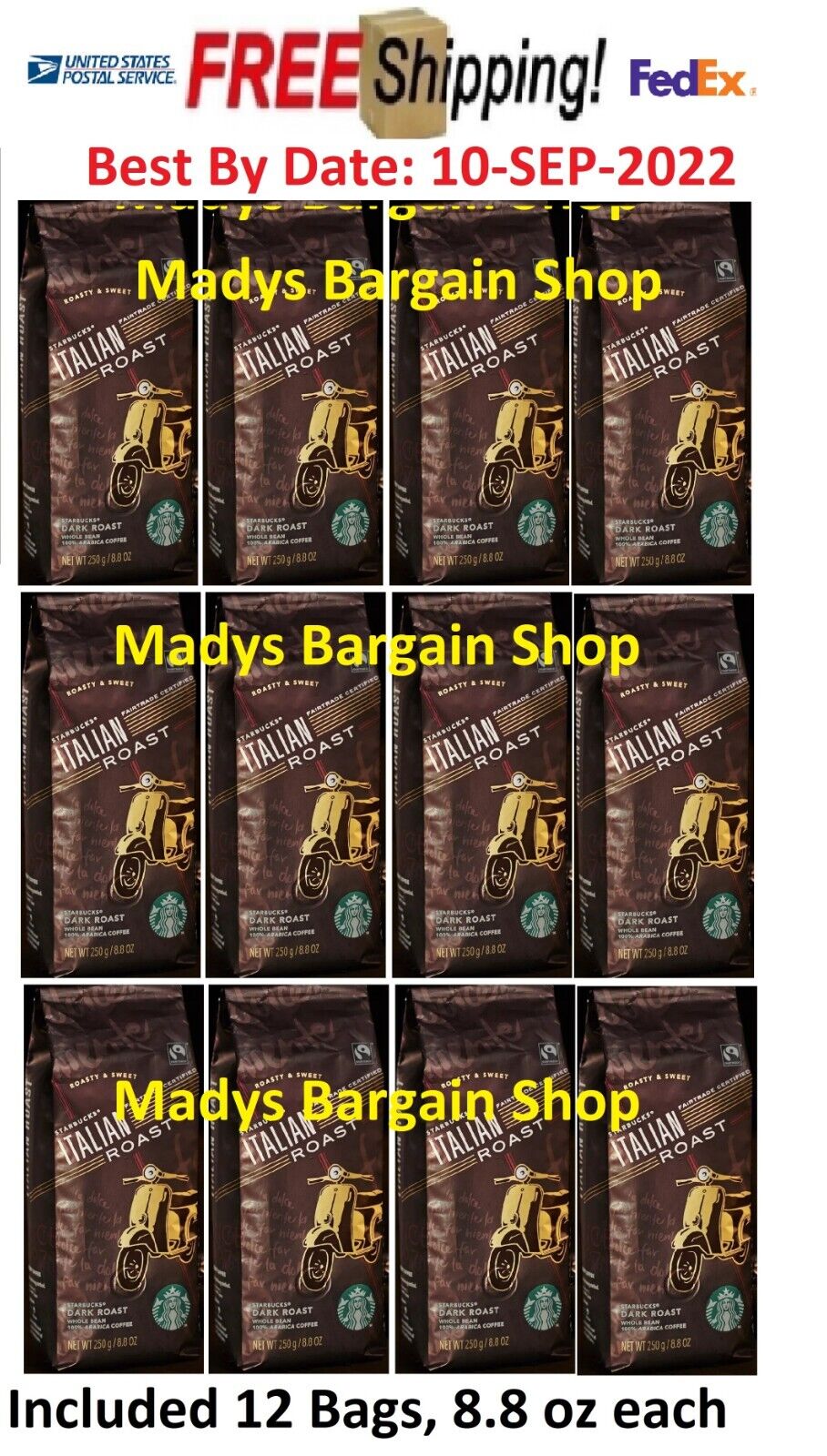 STARBUCKS Italian Whole Bean Dark Roast 12 Bags 8.8 Oz Ea  6.6 LB SEE Full Info