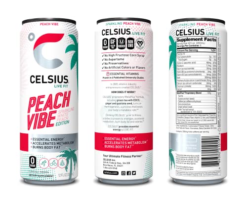 CELSIUS Essential Energy Drink 12 Fl Oz, Sparkling Peach Vibe (Pack of 12) thumbnail