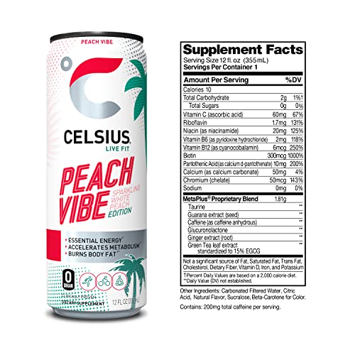 CELSIUS Essential Energy Drink 12 Fl Oz, Sparkling Peach Vibe (Pack of 12) thumbnail