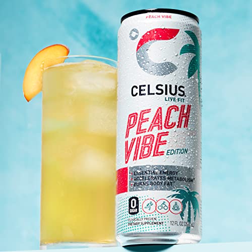 CELSIUS Essential Energy Drink 12 Fl Oz, Sparkling Peach Vibe (Pack of 12) thumbnail
