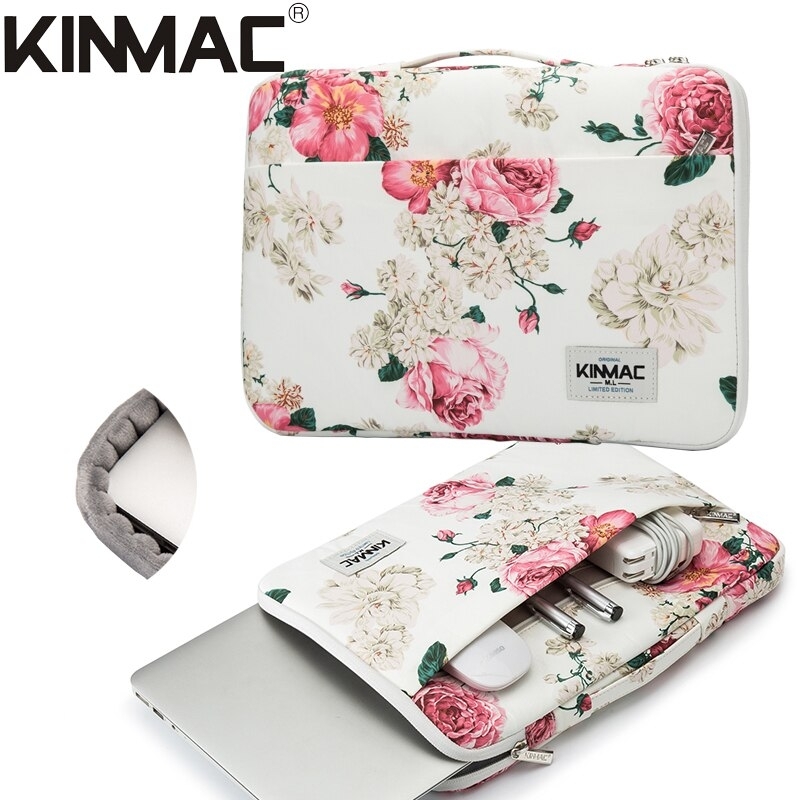 Shockproof Brand Kinmac Laptop Bag 12,13,14,15,15.6 Inch,Pink Peony Handbag Sleeve Case for MacBook Air Pro Notebook PC Dropship - New White Peony,