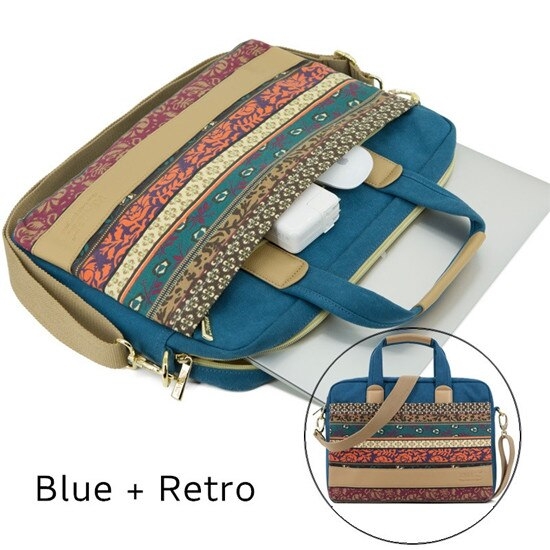 Kinmac Brand Bohemia Messenger Laptop Bag 13,15.6 Inch,Canvas Lady Shoulder Handbag Case for MacBook Air Pro,Shockproof DropShip - Blue Retro, 15.6