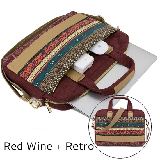 Kinmac Brand Bohemia Messenger Laptop Bag 13,15.6 Inch,Canvas Lady Shoulder Handbag Case for MacBook Air Pro,Shockproof DropShip - Red Wine Retro,