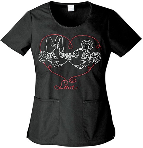 Tooniforms 6755 Women's Round Neck Embroidery Scrub Top Minnie in Love Black X-Small