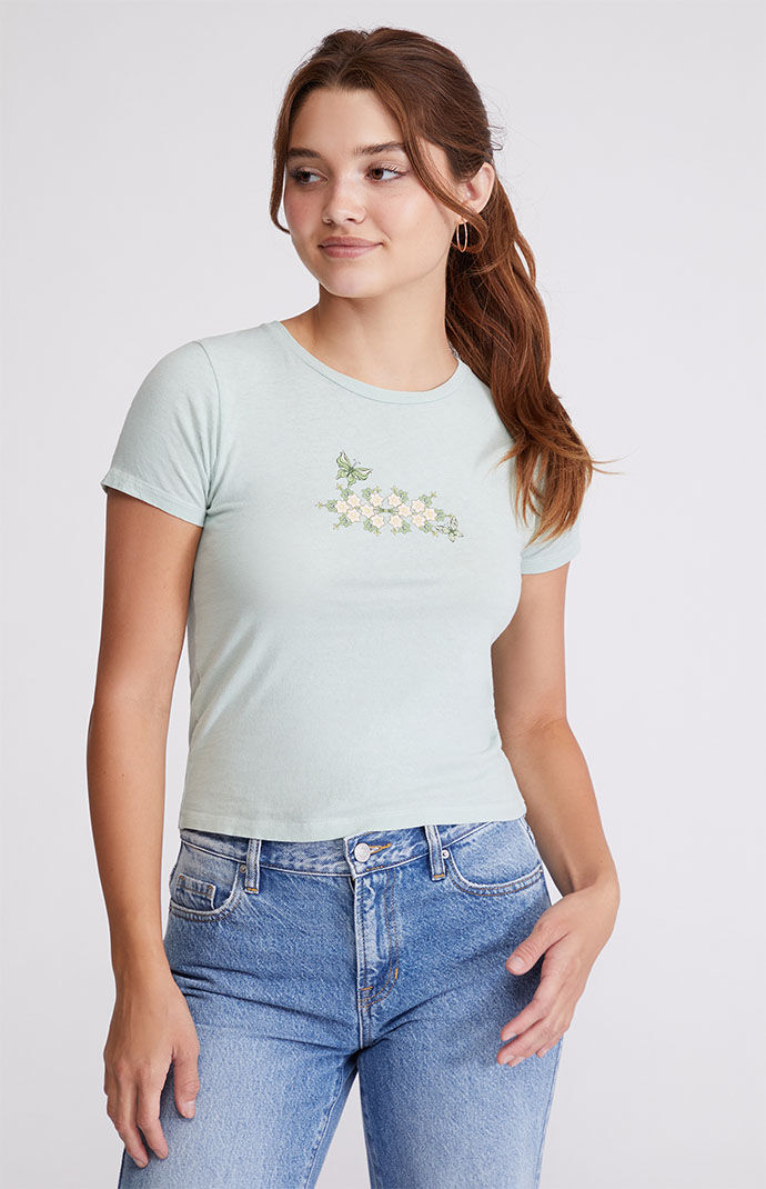 Golden Hour Womens Butterfly Garden Baby T-Shirt - Green Size Medium