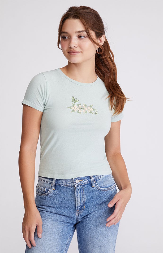 Golden Hour Womens Butterfly Garden Baby T-Shirt - Green Size Large