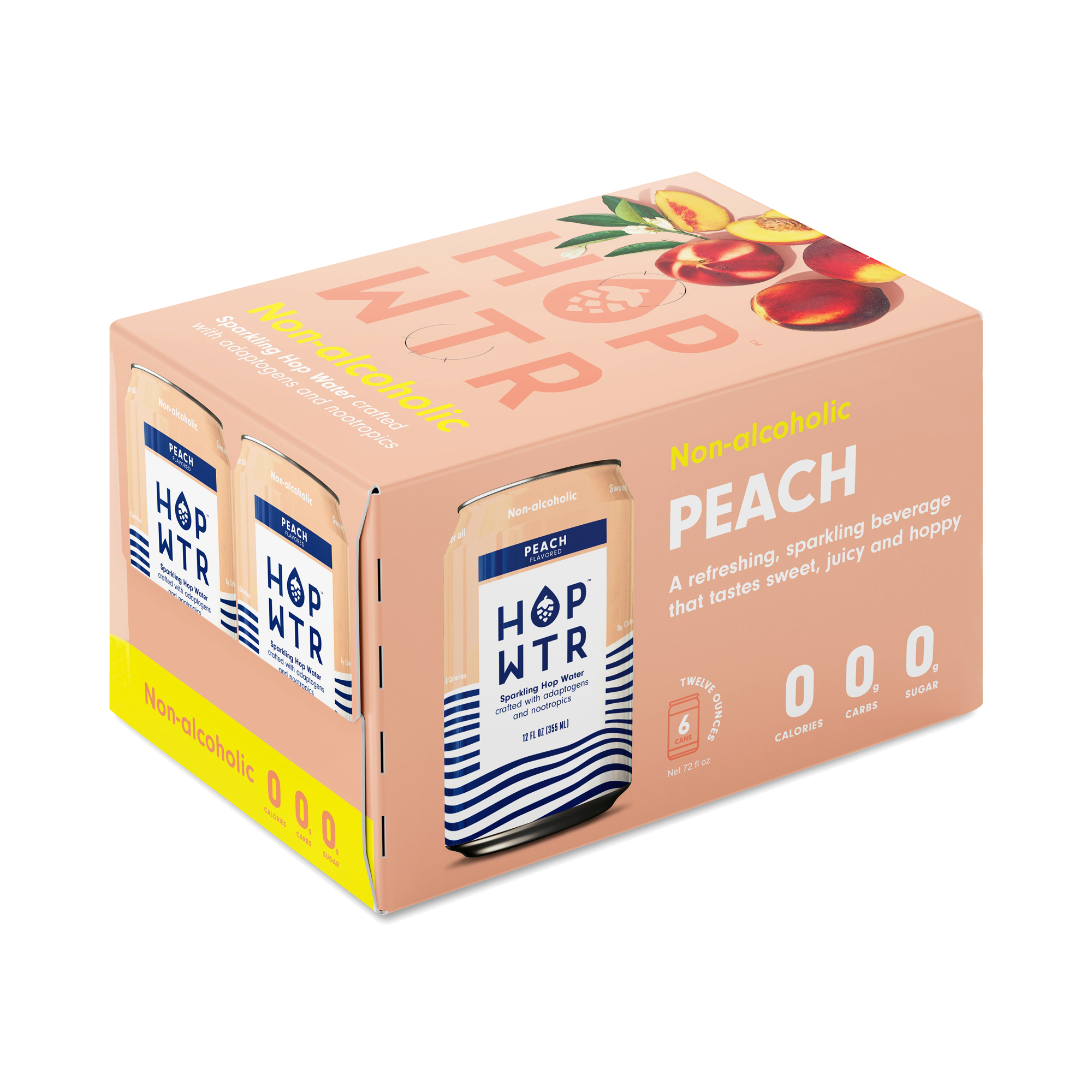 HOP WTR Non-Alcoholic Sparkling Hop Water, Peach 6 Cans (12 Fl Oz Each)