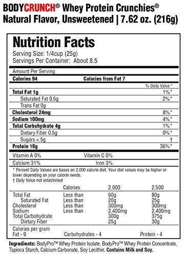 BodyCrunch Whey Protein Crunchies Cereal Supplement, Natural Unsweetened Flavor, Ultra Premium Quality Whey Protein Isolate/Concentrate Blend, 18G of thumbnail