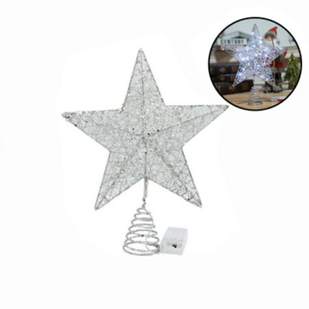 FengLS Christmas Tree Decoration Lights LED Copper Wire Star Lights Wrought Iron Glitter Christmas Tree Top Star with String Lights 09-Decor-10A#2292 