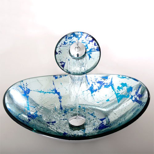 Geyser Tempered Bathroom Glass Vessel Sink and Chrome Waterfall Faucet Combo W/ Matching Pop-up Drain and Mounting Ring