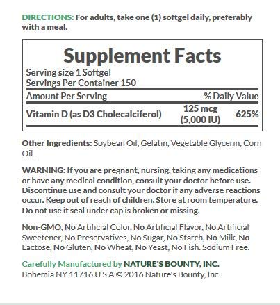 Nature's Bounty Vitamin D3 125mcg (5000 IU), 150 Rapid Release Softgels (Pack of 2) thumbnail