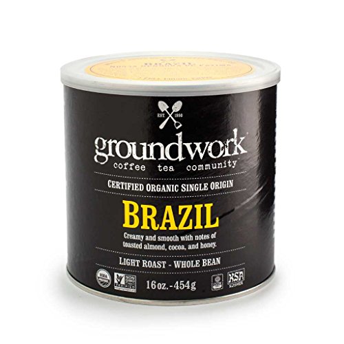 Groundwork Certified Organic Single Origin Whole Bean Coffee, Brazil, 16 Oz Can (Pack of 2)