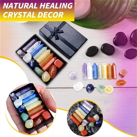 FengLS 14PC Natural Colorful Mixed Color Hexagonal Column Amethyst Green Gold Dongling Jade Yoga Stone Combination Set 09-Decor-10A#1253 Ideal Gift 14