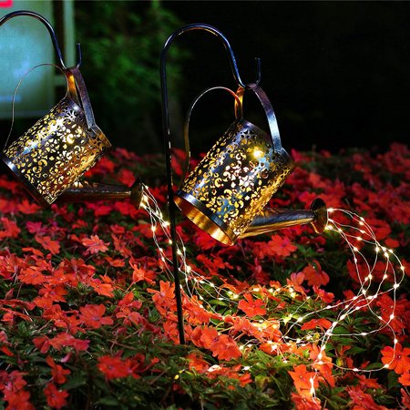 2 Pack Art Light LED Solar Waterfall Watering Can  Outdoor Decorative Garden Light  Retro Waterproof Copper Yard Party Decoration Stake Light for Path