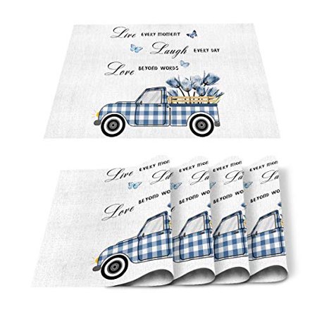 Placemats for Dining Table Blue Tulips Truck Table Mats Set of 6  Farm Fresh Flower Butterfly Blue Buffalo Check Plaid Table Decoration Holiday Banque