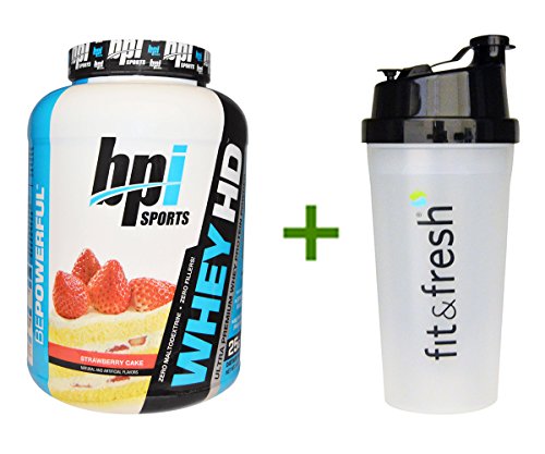 BPI Sports, Whey HD, Ultra Premium Whey Protein Powder, Strawberry Cake, 4.5 Lbs (2,040 G), Vitaminder, Power Shaker Bottle, 20 Oz Bottle