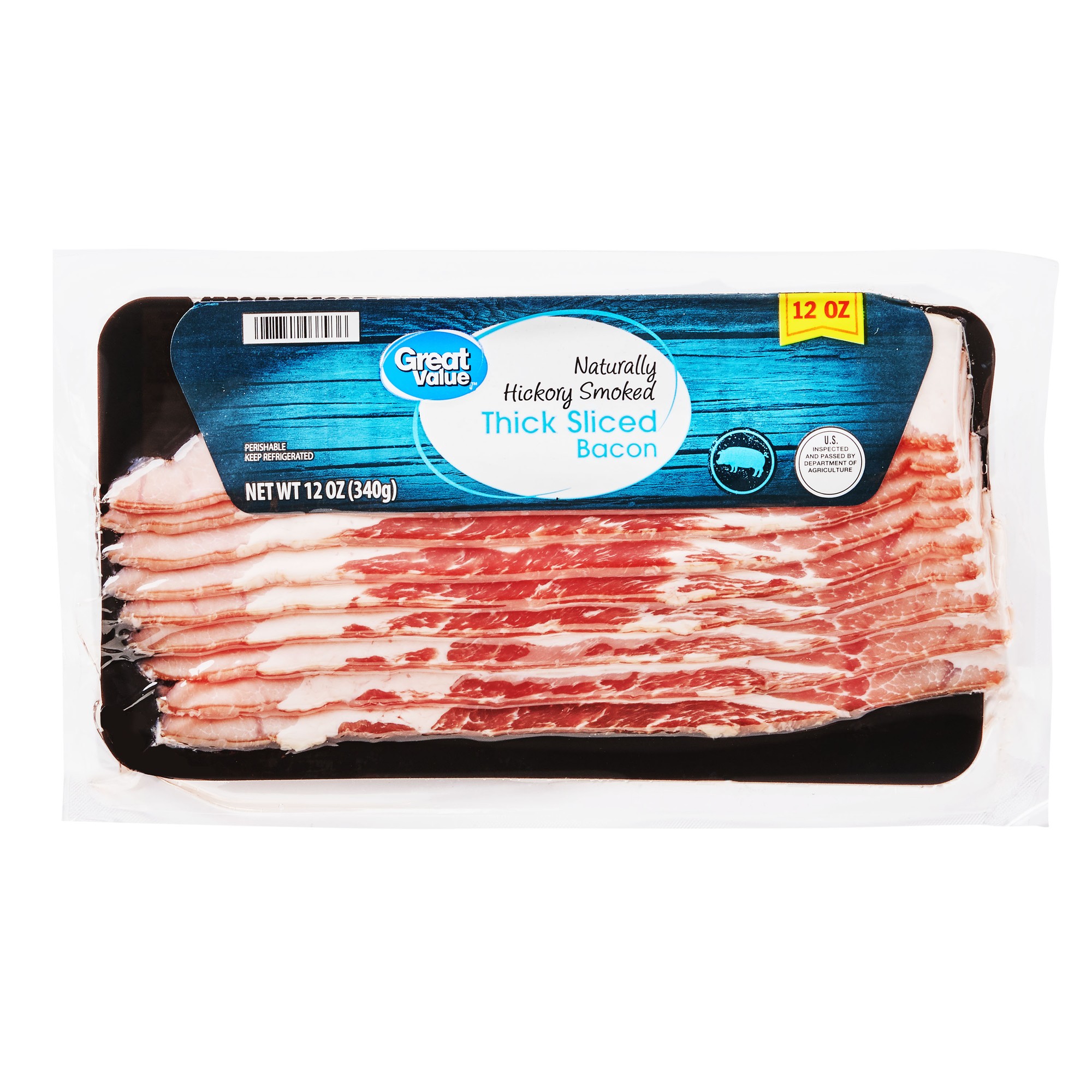 Great Value Thick Sliced Naturally Hickory Smoked Bacon, 12 Oz Image