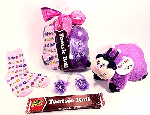 Ladybug Easter or Birthday Plush Stuffed Animal Pee Wee PIllow Pet, Hair Bow Clips, Socks & Giant Tootsie Rolls Chocolate Candy