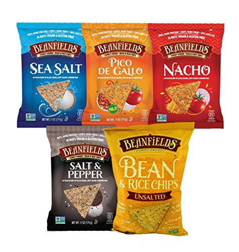 Beanfields Bean & Rice Chips, Healthy Vegan Snacks, Corn Free, Variety Pack of 5 with Unsalted, Salt N' Pepper, Pico De Gallo, Sea Salt and Nacho