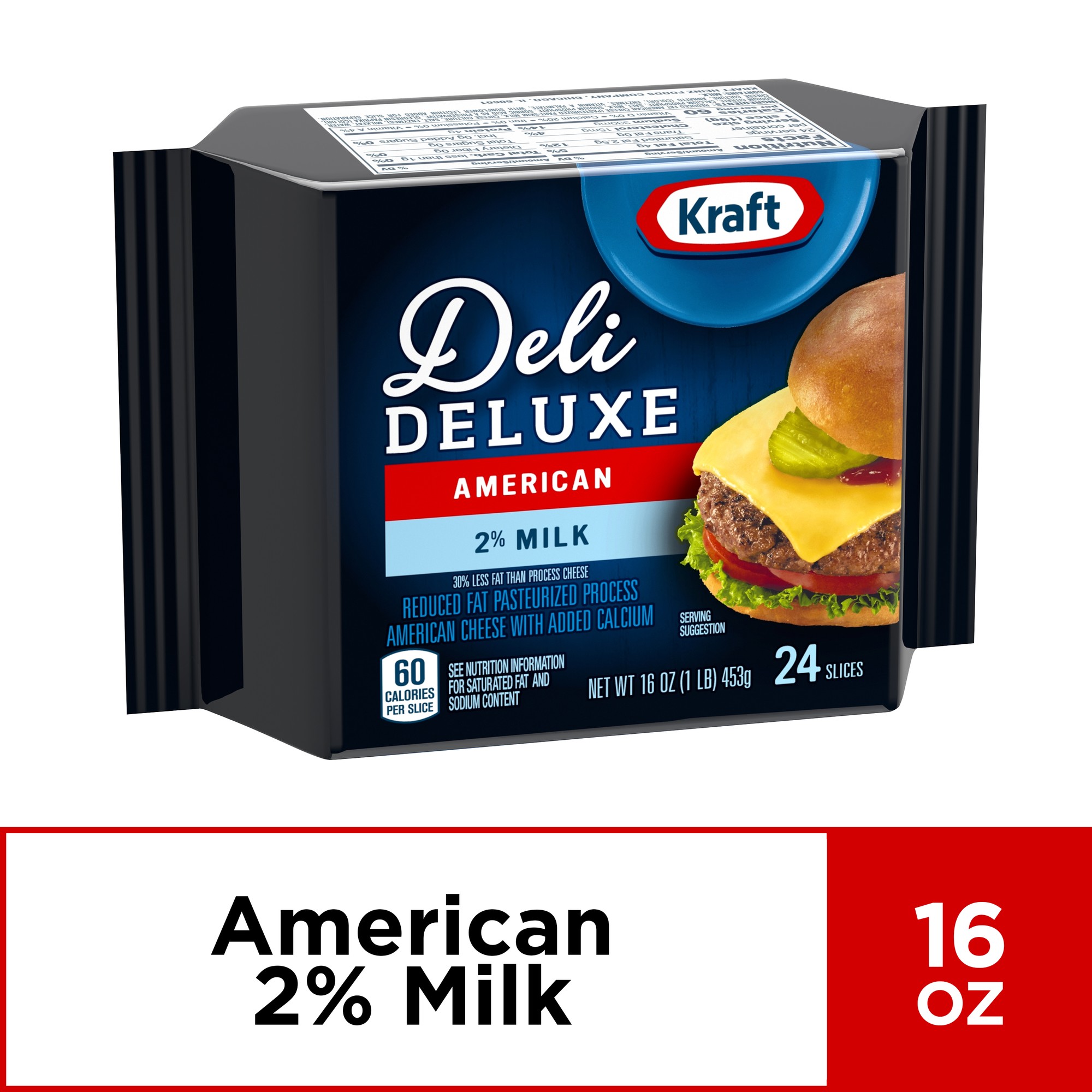 Kraft Deli Deluxe Cheese Slices, 2% Milk Reduced Fat American Cheese, 24 Ct - 16.0 Oz Wrapper