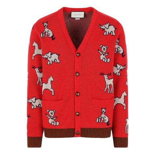 GUCCI Hawaii Animal Jacquard Wool Ted Cardigan for Men Red Knit 626635-XKBGB-6229 (Size: US XXL)