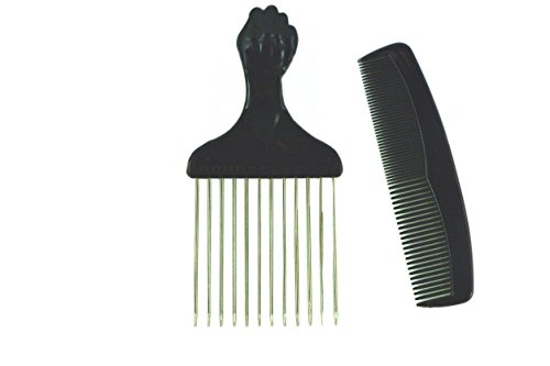 Afro Hair Pick W/ Black Fist and Comb Set- Metal African American Comb