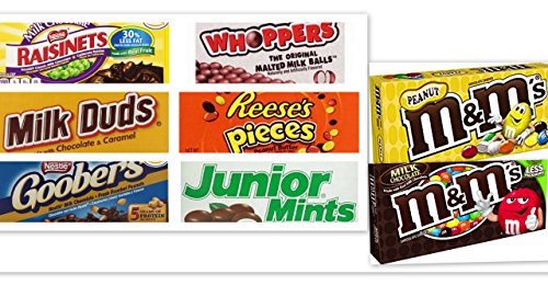 Movie Theater Candy Bundle Pack of 8 Includes Milk Duds, 5 Oz + Whoppers, 5 Oz, Junior Mints, 4 Oz, Goobers, 3.5 Oz, Reese's Pieces, 4 Oz, Raisinets,