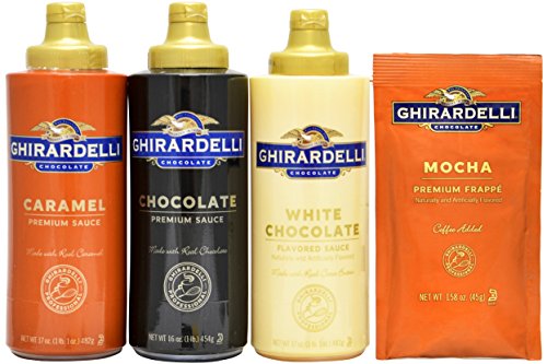 Ghirardelli - 16 Oz Chocolate, 17 Oz White Chocolate Flavored, 17 Oz Caramel Sauce Squeeze Bottle - Set of 3 - with 1.58 Oz Packet Mocha Premium Frapp