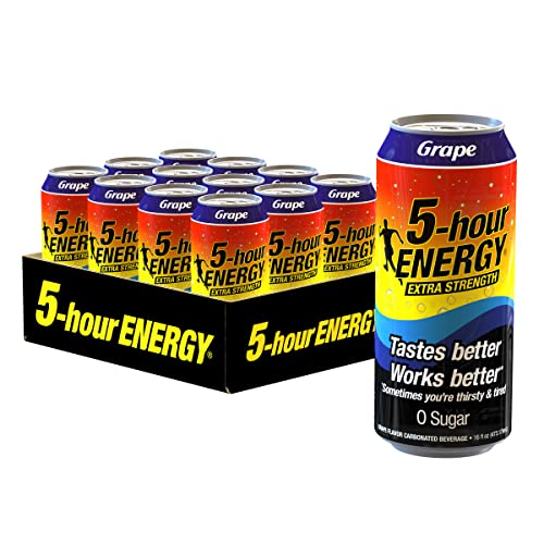 5-hour ENERGY Extra Strength Energy Drink | Grape Flavor | 16 Oz. Cans | 12 Count | Sugar-Free & Zero Calories | Vitamins & Amino Acids | Contains Car