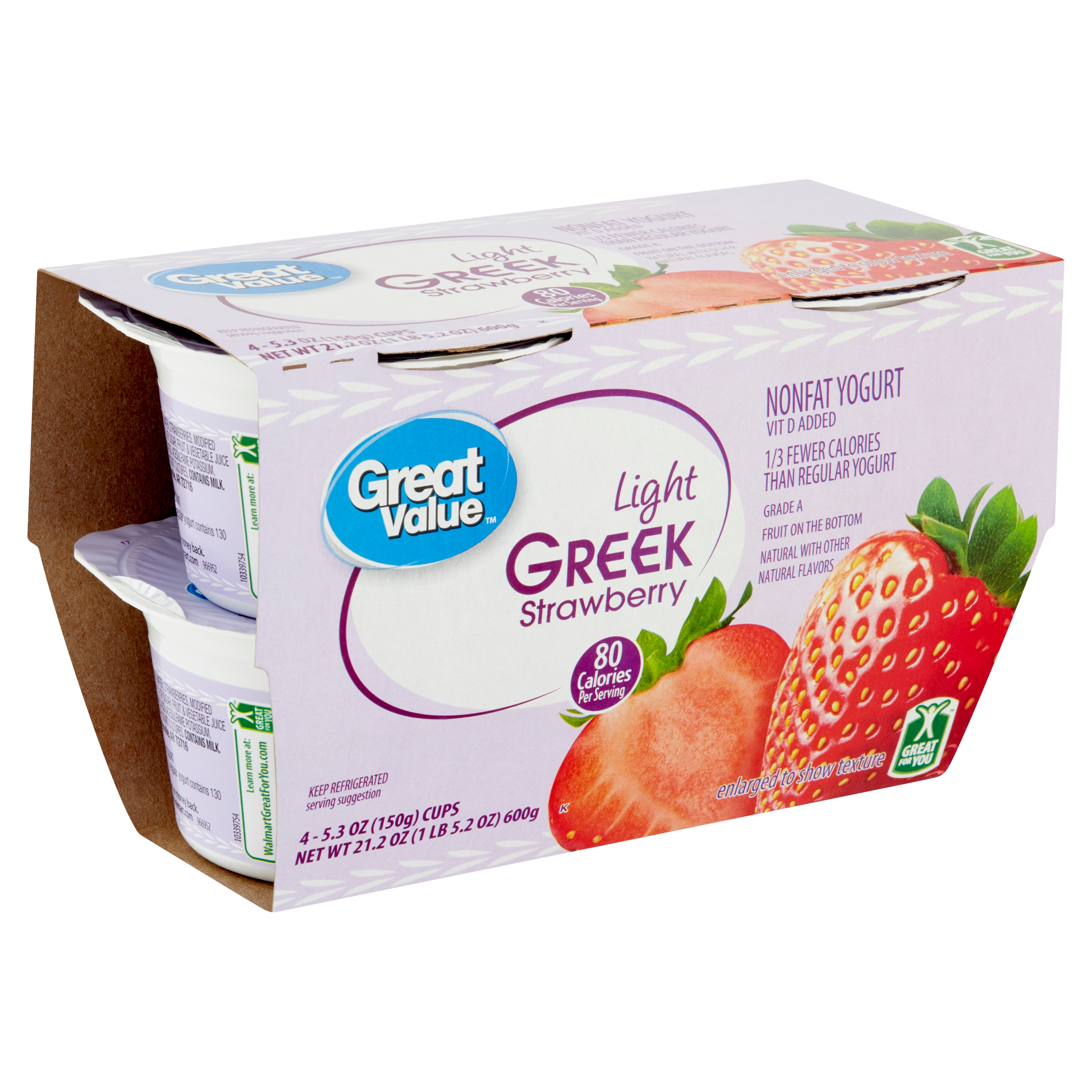 Great Value Light Greek Strawberry Nonfat Yogurt, 5.3 Oz, 4 Count Image
