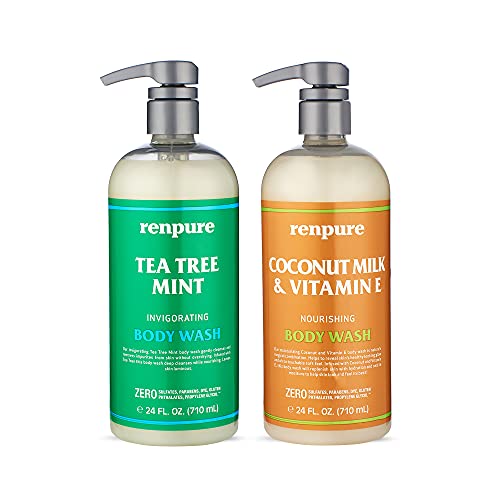 Renpure LLC Tea Tree Mint Oil & Coconut Vitamin E, Sulfate Free Moisturizing Body Wash for Dry Sensitive Skin, Antibacterial Body & Hand Soap for Men