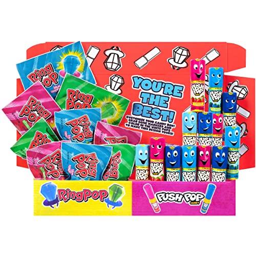 Ring Pop Push Pop 30 Count Candy Box - Assorted Halloween Fruity Lollipop Gift Box - Candy Gift Box for Halloween Parties & Party Favors