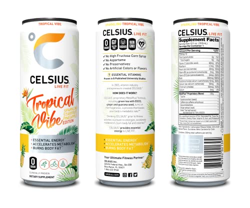 CELSIUS Essential Energy Drink 12 Fl Oz, Sparkling Tropical Vibe,12 Count (Pack of 2) thumbnail