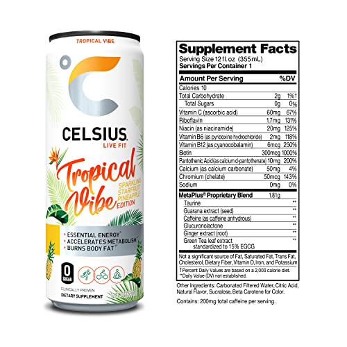 CELSIUS Essential Energy Drink 12 Fl Oz, Sparkling Tropical Vibe,12 Count (Pack of 2) thumbnail