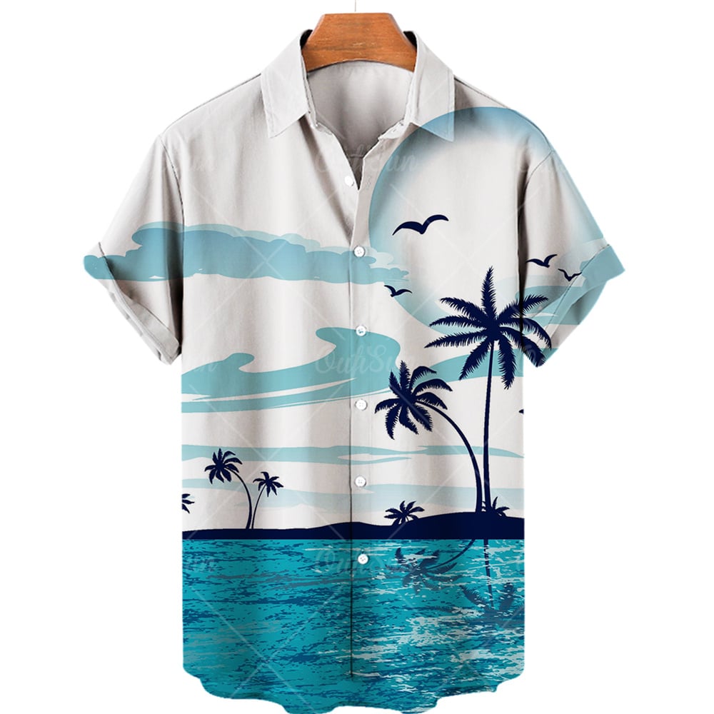 Hawaiian Shirts for Men's Summer Short Shirt Male Top Coconut Tree 3D Print Blouses Fashion Sleeve Beach Men Clothing Streetwear - Zf-0049, European