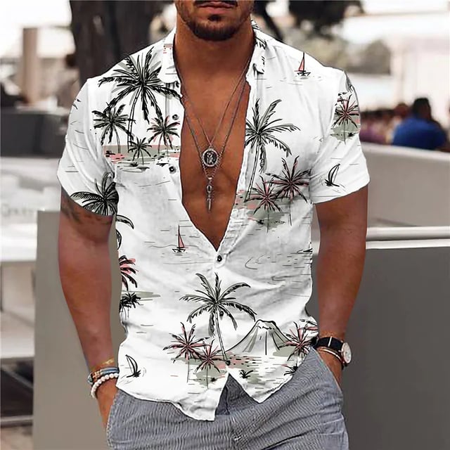 Hawaiian Shirts for Men's Summer Short Shirt Male Top Coconut Tree 3D Print Blouses Fashion Sleeve Beach Men Clothing Streetwear - Zf-0049, European thumbnail